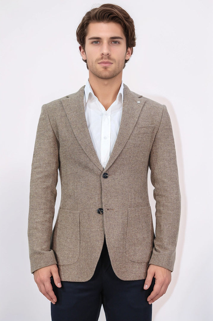 slim fit mono yaka koyu bej astarsız tek ceket 
