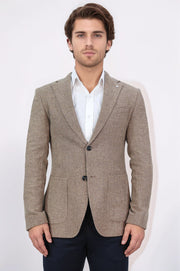 slim fit mono yaka koyu bej astarsız tek ceket 