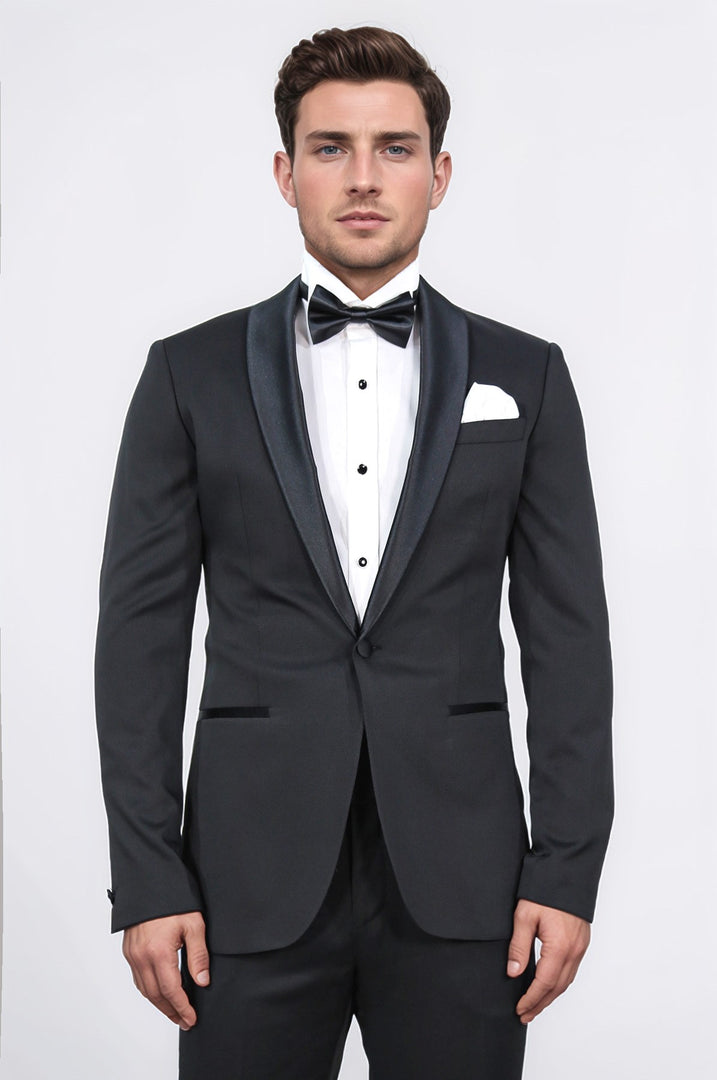 Slim fit saten şal yaka siyah desenli damatlık 
