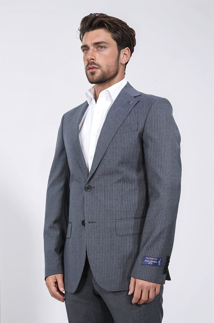 Slim fit mono yaka antrasit çizgili yünlü takım elbise 