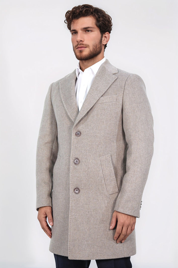 üç düğmeli mono yaka yün ve kaşmir karışımlı bej kaban 