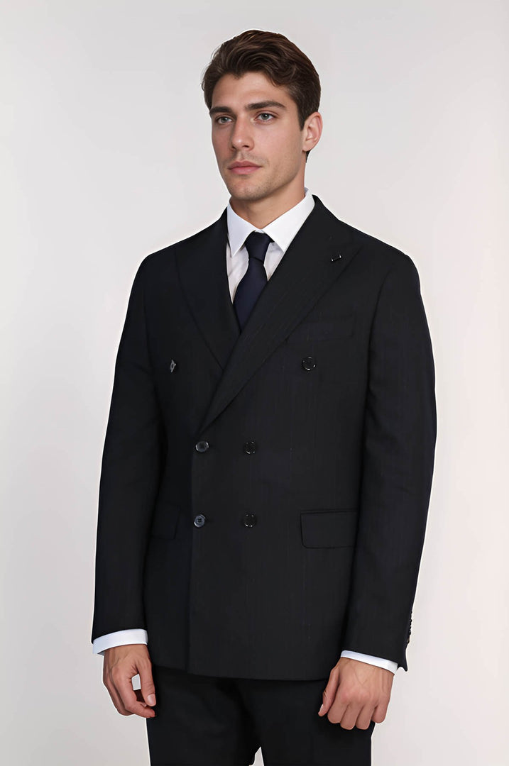 VELVARDE ÇİZGİLİ KRUVAZE TAKIM ELBİSE LACİVERT